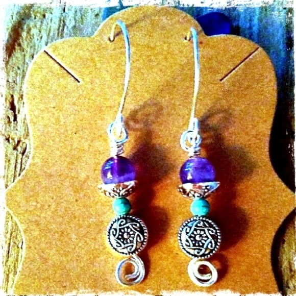 AMETHYST & TURQUOISE HOWLITE GEMSTONE EARRINGS - Picture 4 of 5